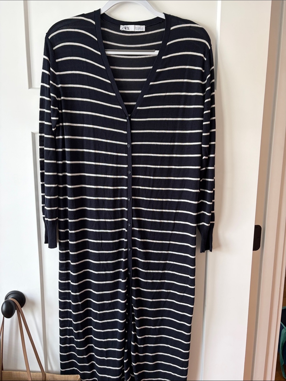 Zara Navy & White Striped Button-Front Long Cardigan